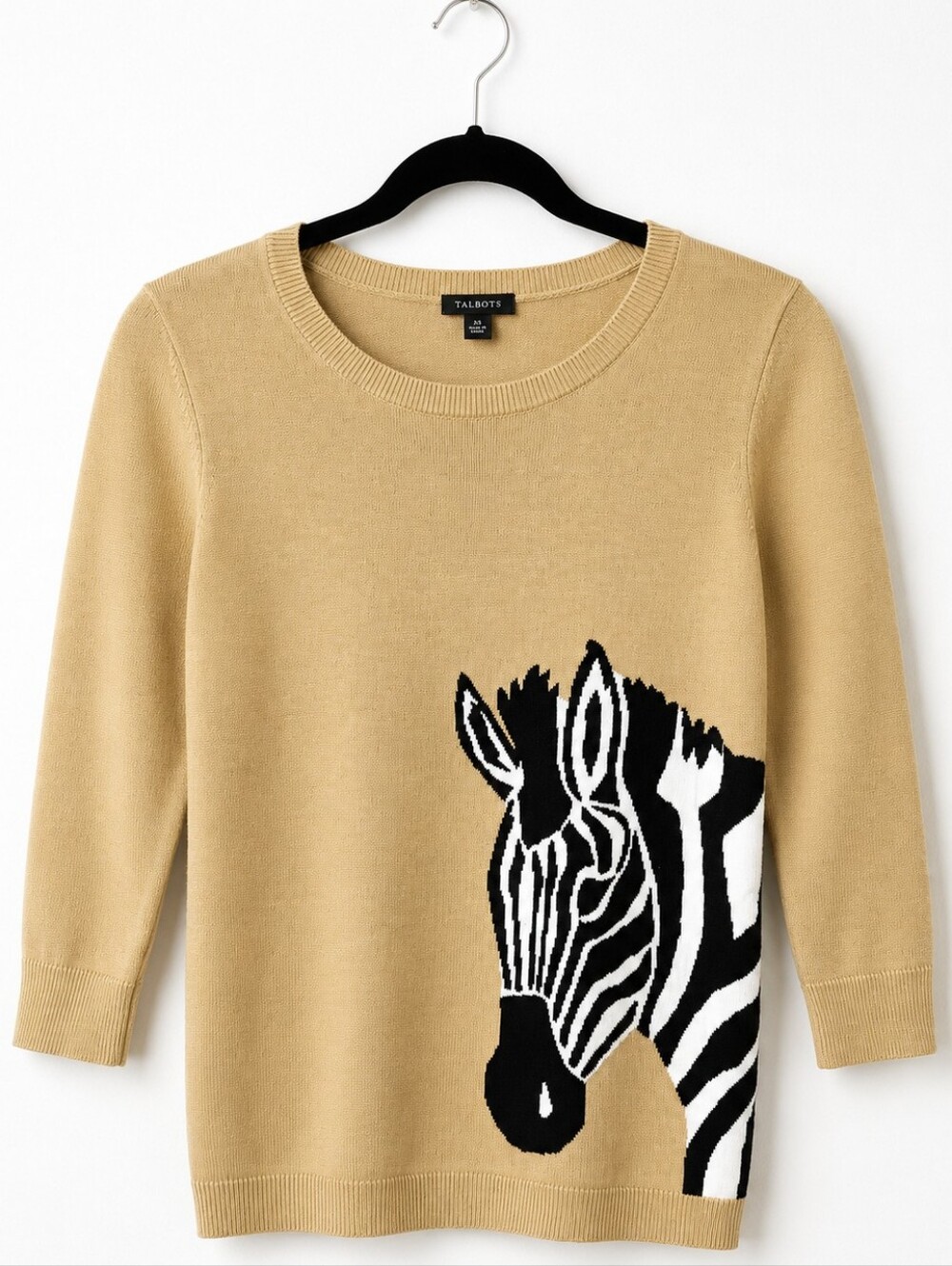 Talbots Zebra Intarsia Sweater Tan Black Cotton Blend 3/4 Sleeve XS